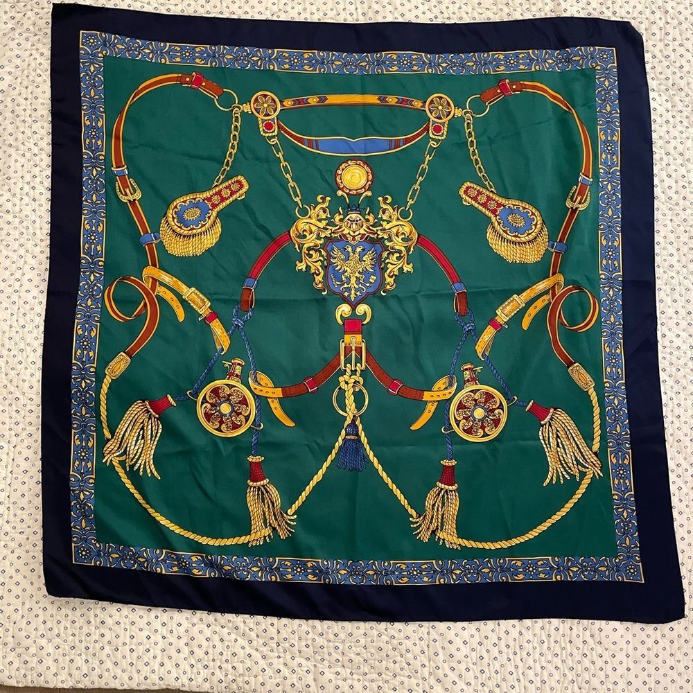 Vintage Elegant Green and Blue Silk Horse Bridle 35”x35” Old Money Scarf